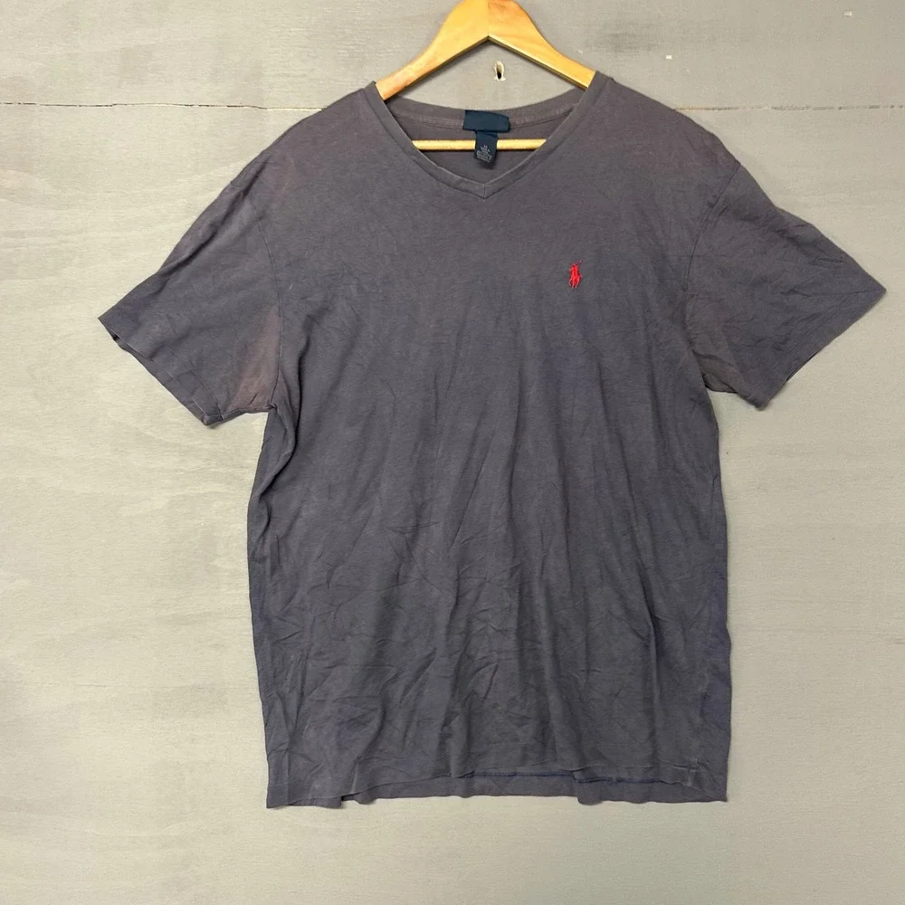 Polo Ralph Lauren‎ Mens V-Neck T-Shirt Navy Blue Red Pony Logo Size M Cotton